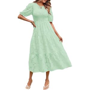 MEROKEETY Women’s 2025 Summer Puff Sleeve Smocked Floral Dress Crewneck Lace Flowy Tiered Midi Dresses(Mint)