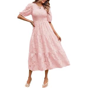 MEROKEETY Women’s 2025 Summer Puff Sleeve Smocked Floral Dress Crewneck Lace Flowy Tiered Midi Dresses(Pink)