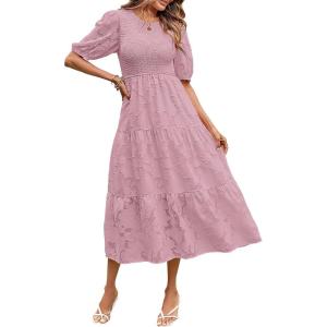 MEROKEETY Women’s 2025 Summer Puff Sleeve Smocked Floral Dress Crewneck Lace Flowy Tiered Midi Dresses(Purple)