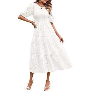 MEROKEETY Women’s 2025 Summer Puff Sleeve Smocked Floral Dress Crewneck Lace Flowy Tiered Midi Dresses(White)