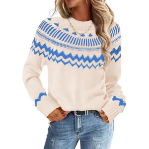 MEROKEETY Women’s 2026 Fall Winter Fair Isle Argyle Pullover Sweater Striped Crew Neck Long Sleeve Vintage Knit Tops(Apricot)