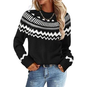 MEROKEETY Women’s 2026 Fall Winter Fair Isle Argyle Pullover Sweater Striped Crew Neck Long Sleeve Vintage Knit Tops(Black)