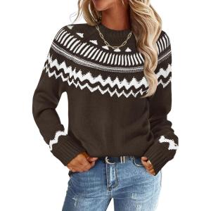 MEROKEETY Women’s 2026 Fall Winter Fair Isle Argyle Pullover Sweater Striped Crew Neck Long Sleeve Vintage Knit Tops(Coffee)