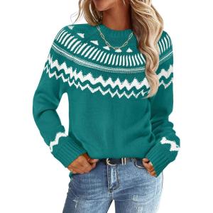MEROKEETY Women’s 2026 Fall Winter Fair Isle Argyle Pullover Sweater Striped Crew Neck Long Sleeve Vintage Knit Tops(Green)