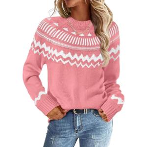 MEROKEETY Women’s 2026 Fall Winter Fair Isle Argyle Pullover Sweater Striped Crew Neck Long Sleeve Vintage Knit Tops(Pink)