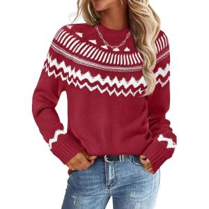 MEROKEETY Women’s 2026 Fall Winter Fair Isle Argyle Pullover Sweater Striped Crew Neck Long Sleeve Vintage Knit Tops(Red)