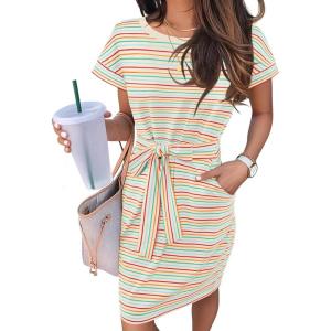 MEROKEETY Women’s 2026 Summer Casual Dress Short Sleeve Crewneck Striped Tie Waist Work Trendy T Shirt Dresses(Redgreen)