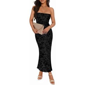 MEROKEETY Women’s 2026 Summer Floral Strapless Dress Bodycon Tube Slit Mesh Wedding Guest Cocktail Party Maxi Dresses(Black)
