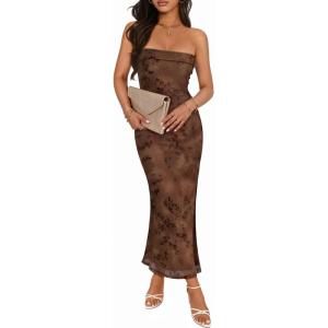 MEROKEETY Women’s 2026 Summer Floral Strapless Dress Bodycon Tube Slit Mesh Wedding Guest Cocktail Party Maxi Dresses(Brown)
