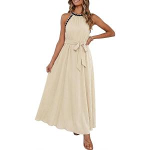 MEROKEETY Women’s 2026 Summer Halter Maxi Dress Spring Casual Boho Sleeveless Flowy Swing Beach Vacation Dresses with Belt(Apricot)