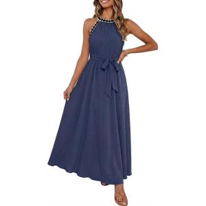 MEROKEETY Women’s 2026 Summer Halter Maxi Dress Spring Casual Boho Sleeveless Flowy Swing Beach Vacation Dresses with Belt(Navy)
