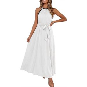 MEROKEETY Women’s 2026 Summer Halter Maxi Dress Spring Casual Boho Sleeveless Flowy Swing Beach Vacation Dresses with Belt(White)