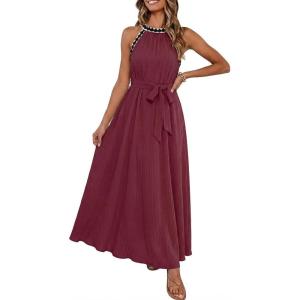 MEROKEETY Women’s 2026 Summer Halter Maxi Dress Spring Casual Boho Sleeveless Flowy Swing Beach Vacation Dresses with Belt(Wine)
