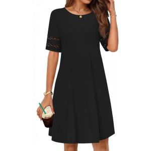 MEROKEETY Women’s 2026 Summer Spring Casual T Shirt Dress Hollow Out Short Sleeve Beach Vacation Shift Swing Sundress(Black)