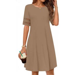 MEROKEETY Women’s 2026 Summer Spring Casual T Shirt Dress Hollow Out Short Sleeve Beach Vacation Shift Swing Sundress(Mocha)