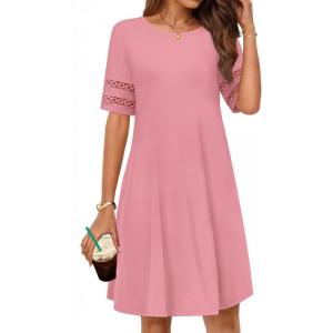 MEROKEETY Women’s 2026 Summer Spring Casual T Shirt Dress Hollow Out Short Sleeve Beach Vacation Shift Swing Sundress(Pink)