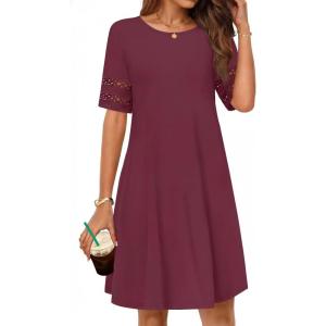 MEROKEETY Women’s 2026 Summer Spring Casual T Shirt Dress Hollow Out Short Sleeve Beach Vacation Shift Swing Sundress(Wine)
