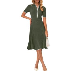 MEROKEETY Women’s 2026 Summer V Neck Ribbed Midi Dress Short Sleeve Button Elegant Bodycon Knit Sweater Dresses(Armygreen)