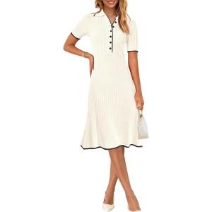 MEROKEETY Women’s 2026 Summer V Neck Ribbed Midi Dress Short Sleeve Button Elegant Bodycon Knit Sweater Dresses(Beige)