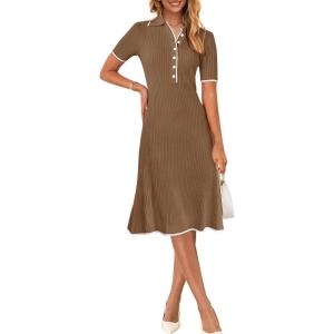 MEROKEETY Women’s 2026 Summer V Neck Ribbed Midi Dress Short Sleeve Button Elegant Bodycon Knit Sweater Dresses(Coffee)