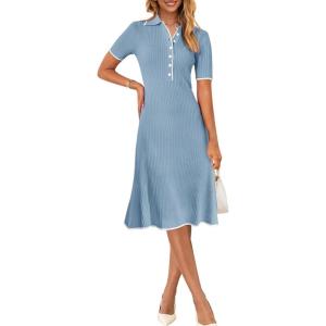 MEROKEETY Women’s 2026 Summer V Neck Ribbed Midi Dress Short Sleeve Button Elegant Bodycon Knit Sweater Dresses(Grey Blue)