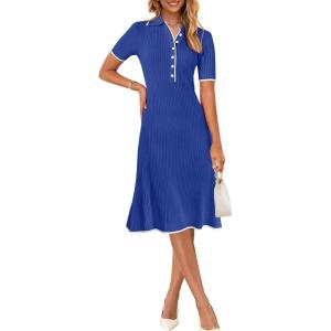 MEROKEETY Women’s 2026 Summer V Neck Ribbed Midi Dress Short Sleeve Button Elegant Bodycon Knit Sweater Dresses(Kleinblue)