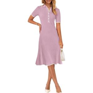 MEROKEETY Women’s 2026 Summer V Neck Ribbed Midi Dress Short Sleeve Button Elegant Bodycon Knit Sweater Dresses(Taro)