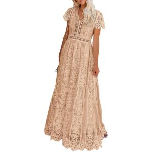MEROKEETY Women’s 2026 V Neck Short Sleeve Floral Lace Wedding Dress A Line Boho Bridesmaid Cocktail Party Maxi Dress(Apricot)