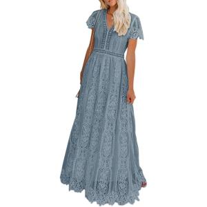 MEROKEETY Women’s 2026 V Neck Short Sleeve Floral Lace Wedding Dress A Line Boho Bridesmaid Cocktail Party Maxi Dress(Gray Blue)