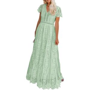 MEROKEETY Women’s 2026 V Neck Short Sleeve Floral Lace Wedding Dress A Line Boho Bridesmaid Cocktail Party Maxi Dress(Mint)