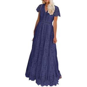 MEROKEETY Women’s 2026 V Neck Short Sleeve Floral Lace Wedding Dress A Line Boho Bridesmaid Cocktail Party Maxi Dress(Navy)