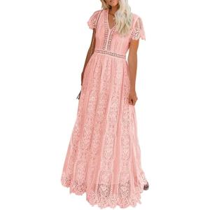 MEROKEETY Women’s 2026 V Neck Short Sleeve Floral Lace Wedding Dress A Line Boho Bridesmaid Cocktail Party Maxi Dress(Pink)