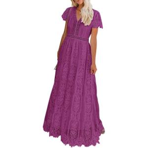 MEROKEETY Women’s 2026 V Neck Short Sleeve Floral Lace Wedding Dress A Line Boho Bridesmaid Cocktail Party Maxi Dress(Plum)