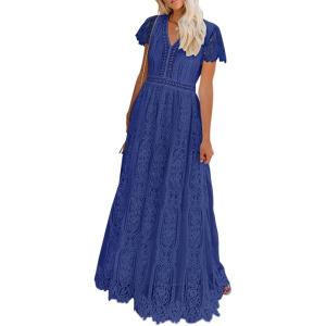 MEROKEETY Women’s 2026 V Neck Short Sleeve Floral Lace Wedding Dress A Line Boho Bridesmaid Cocktail Party Maxi Dress(Royal)