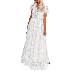 MEROKEETY Women’s 2026 V Neck Short Sleeve Floral Lace Wedding Dress A Line Boho Bridesmaid Cocktail Party Maxi Dress(White)