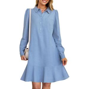 MEROKEETY Women’s Casual Shirt Dress Long Sleeve Button Down Ruffle Flowy Tunic Shift Mini Dresses(Gray Blue)