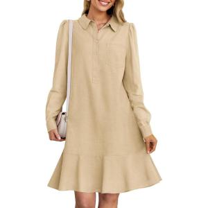 MEROKEETY Women’s Casual Shirt Dress Long Sleeve Button Down Ruffle Flowy Tunic Shift Mini Dresses(Khaki)