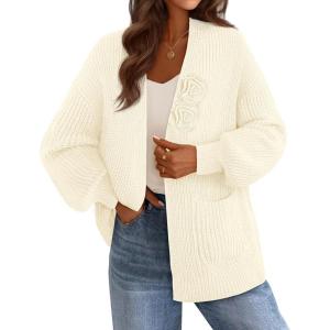 MEROKEETY Women’s Chunky Cardigan Sweaters 2025 Lantern Long Sleeve Oversized Knit Outerwear with Pockets(Beigeflower)