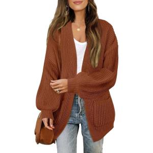 MEROKEETY Women’s Chunky Cardigan Sweaters 2025 Lantern Long Sleeve Oversized Knit Outerwear with Pockets(Caramel)