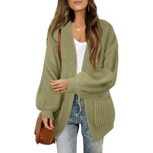 MEROKEETY Women’s Chunky Cardigan Sweaters 2025 Lantern Long Sleeve Oversized Knit Outerwear with Pockets(Green)