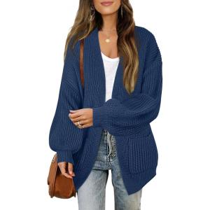 MEROKEETY Women’s Chunky Cardigan Sweaters 2025 Lantern Long Sleeve Oversized Knit Outerwear with Pockets(Navy)