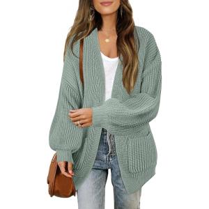 MEROKEETY Women’s Chunky Cardigan Sweaters 2025 Lantern Long Sleeve Oversized Knit Outerwear with Pockets(Sage)