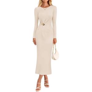 MEROKEETY Women’s Fall Long Sleeve Bodycon Dresses Elegant Wedding Guest Cocktail Party Midi Maxi Dress(Apricot)