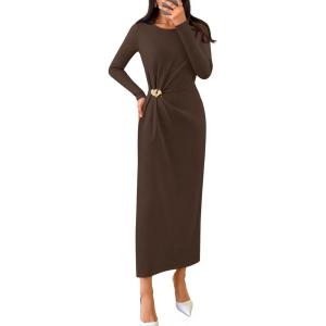 MEROKEETY Women’s Fall Long Sleeve Bodycon Dresses Elegant Wedding Guest Cocktail Party Midi Maxi Dress(Brown)