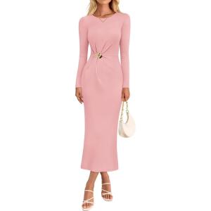 MEROKEETY Women’s Fall Long Sleeve Bodycon Dresses Elegant Wedding Guest Cocktail Party Midi Maxi Dress(Pink)