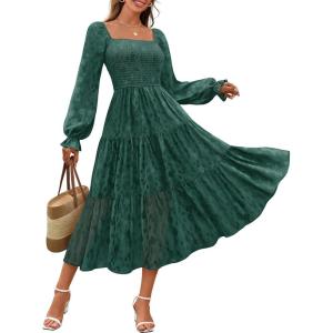 MEROKEETY Women’s Fall Long Sleeve Floral Midi Dress Smocked Ruffle Tiered Square Neck Wedding Guest Dresses Pockets(Dark Green)