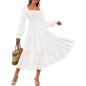 MEROKEETY Women’s Fall Long Sleeve Floral Midi Dress Smocked Ruffle Tiered Square Neck Wedding Guest Dresses Pockets(White)