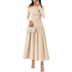 MEROKEETY Women’s Fall Long Sleeve Wedding Guest Dresses 2025 One Shoulder Elegant Formal Pleated Midi Maxi Dress(Apricot)
