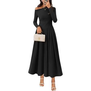 MEROKEETY Women’s Fall Long Sleeve Wedding Guest Dresses 2025 One Shoulder Elegant Formal Pleated Midi Maxi Dress(Black)