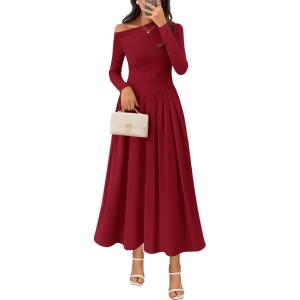 MEROKEETY Women’s Fall Long Sleeve Wedding Guest Dresses 2025 One Shoulder Elegant Formal Pleated Midi Maxi Dress(Winered)